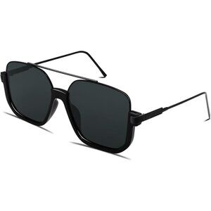 Unisex Black Frame - Black Lens Oversized Aviator Sunglasses for Square